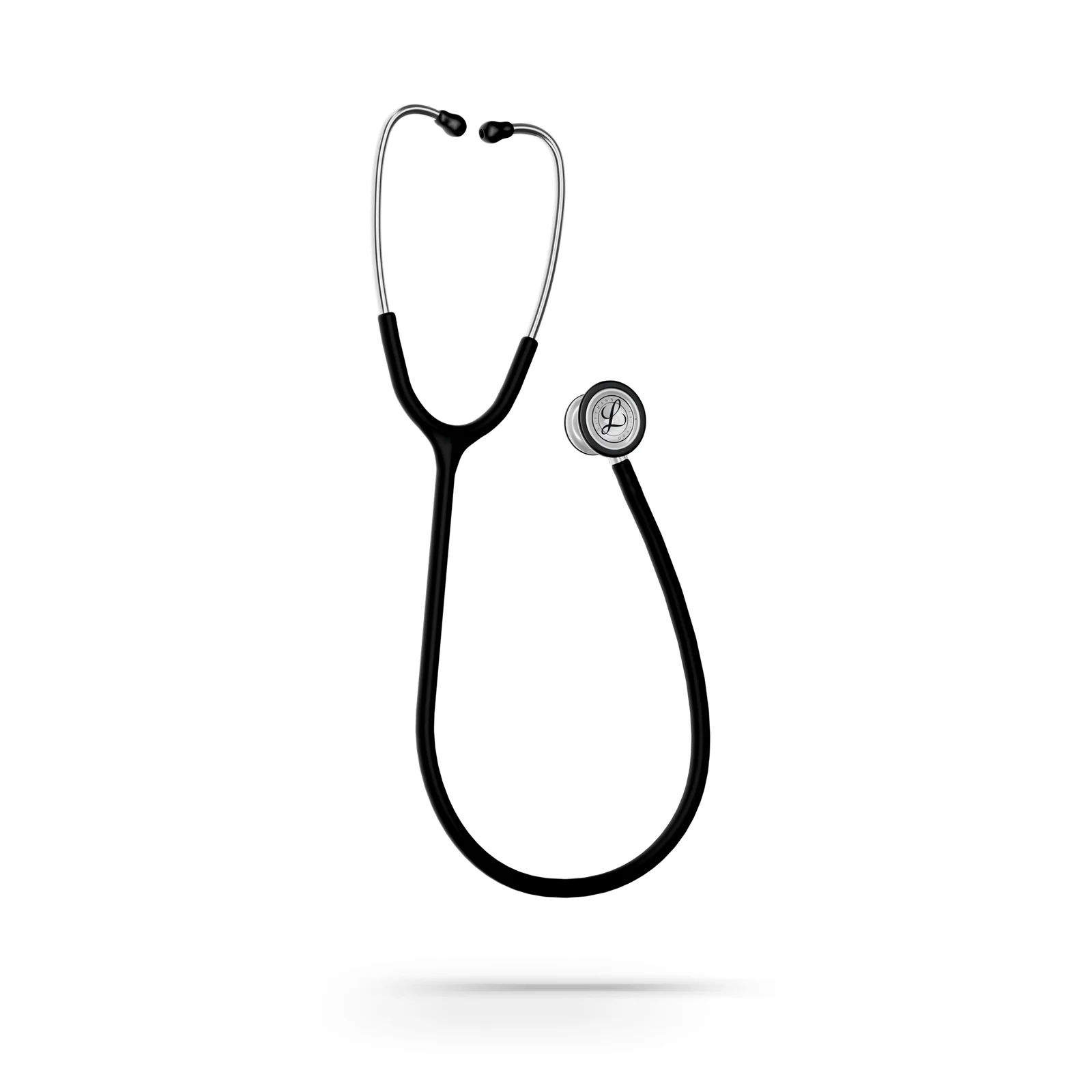 Littmann Classic III satin-finish stethoscope, black tube, stainless steel chestpiece, three-quarter view Littmann Classic III satin-finish stethoscope, black tube, stainless steel chestpiece, three-quarter view