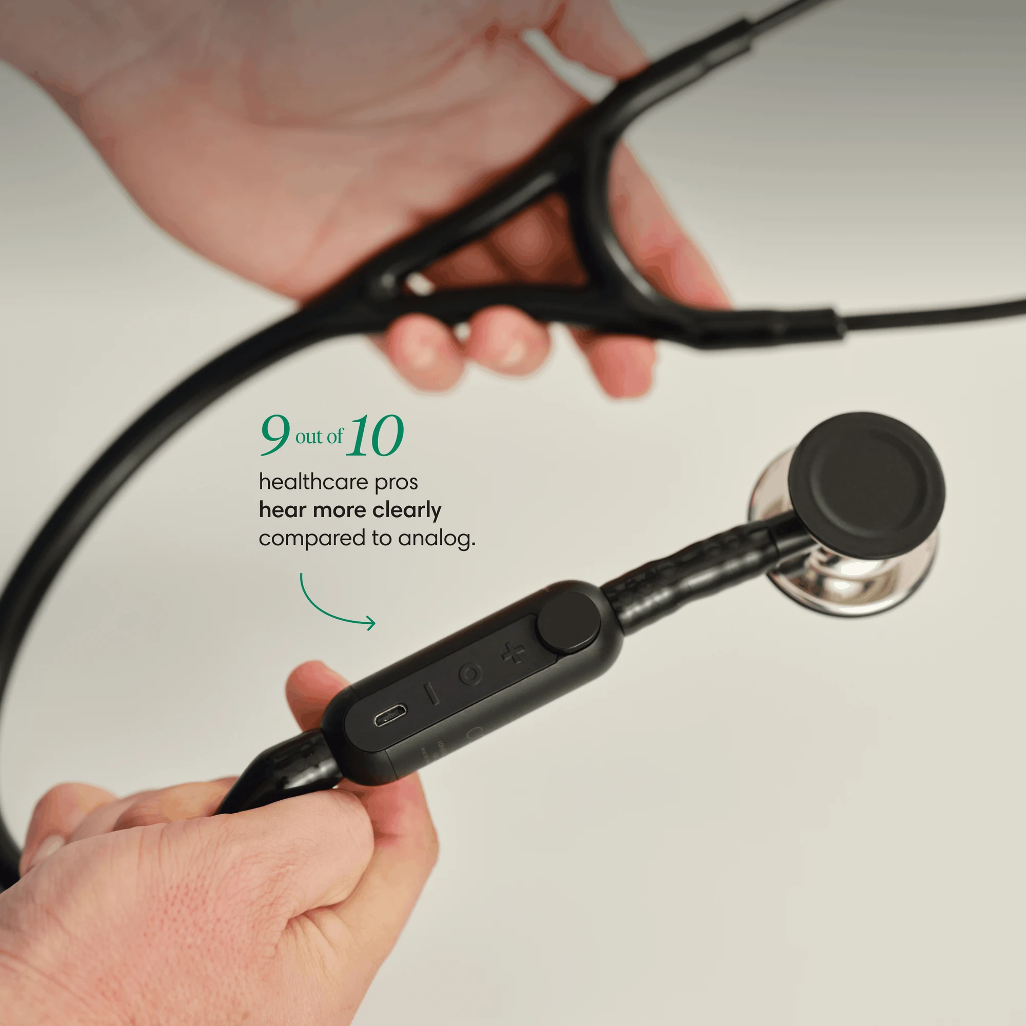 Eko CORE Digital Attachment fitted to an acoustic stethoscope Eko CORE Digital Attachment fitted to an acoustic stethoscope