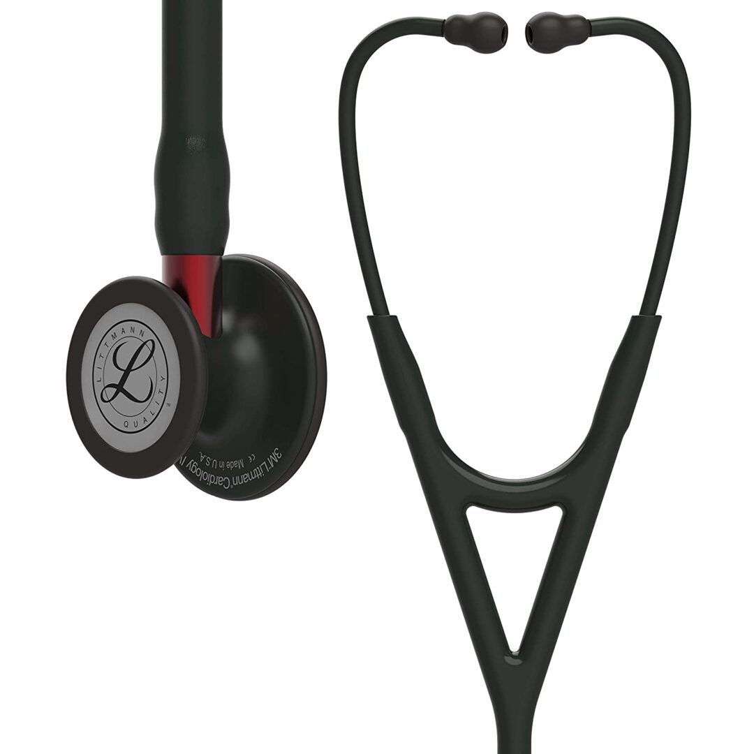 Littmann Cardiology IV Stethoscope in Black with Matte Black Finish and Red Stem, designed for both adult and pediatric patients, featuring a tunable dual-sided stainless steel chestpiece and soft-sealing eartips